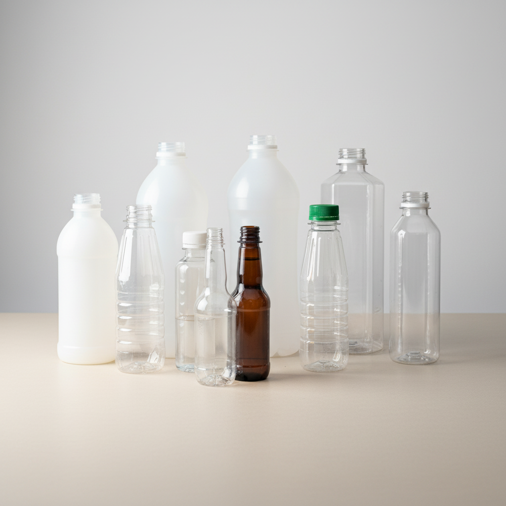 Composição de garrafas PET em estúdio com iluminação suave